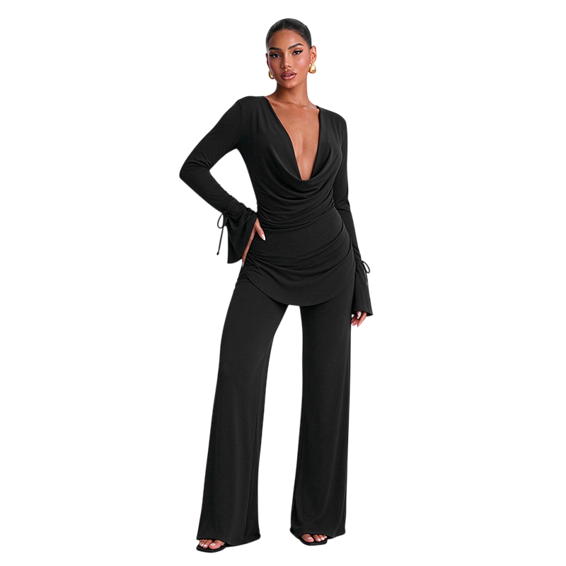 Women's Long-Sleeve Cowl Neck Top and Wide-Leg Pants Two-Piece Set