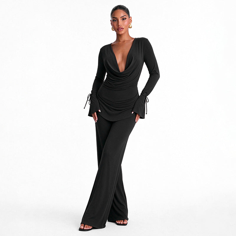 Women's Long-Sleeve Cowl Neck Top and Wide-Leg Pants Two-Piece Set
