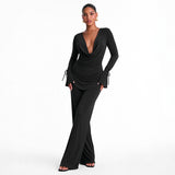 Women's Long-Sleeve Cowl Neck Top and Wide-Leg Pants Two-Piece Set