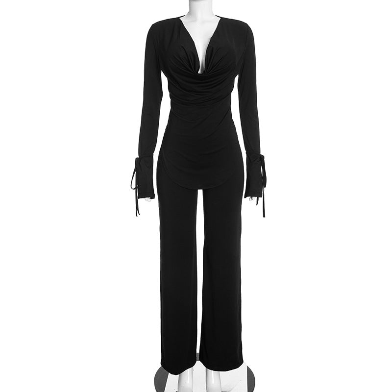 Women's Long-Sleeve Cowl Neck Top and Wide-Leg Pants Two-Piece Set