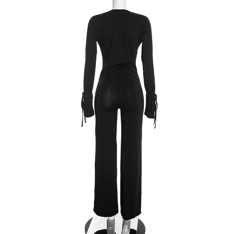 Women's Long-Sleeve Cowl Neck Top and Wide-Leg Pants Two-Piece Set