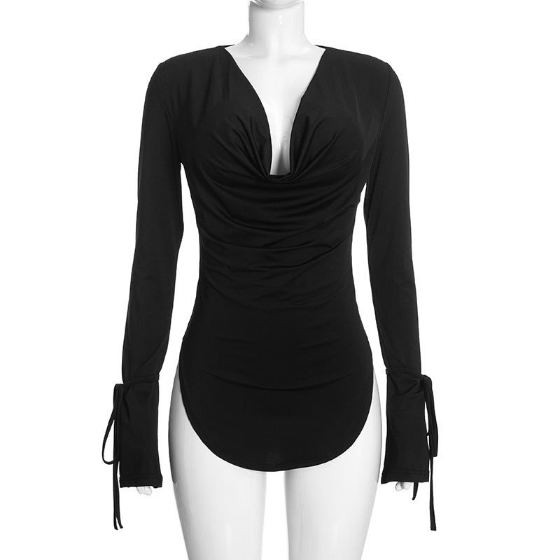 Women's Long-Sleeve Cowl Neck Top and Wide-Leg Pants Two-Piece Set