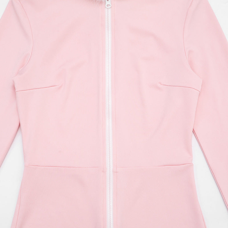 Women's Long-Sleeve Hooded Zip-Up Fitted Jumpsuit