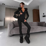 Women's Long-Sleeve Hooded Zip-Up Fitted Jumpsuit