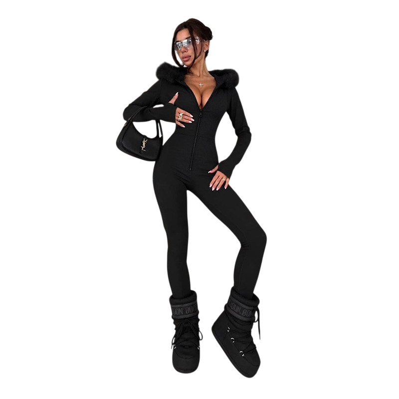 Women's Long-Sleeve Hooded Zip-Up Fitted Jumpsuit
