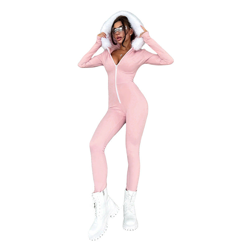 Women's Long-Sleeve Hooded Zip-Up Fitted Jumpsuit