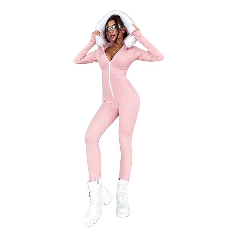 Women's Long-Sleeve Hooded Zip-Up Fitted Jumpsuit