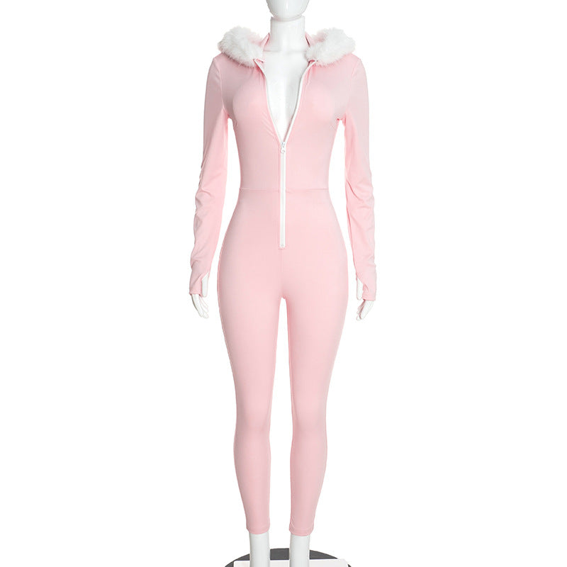 Women's Long-Sleeve Hooded Zip-Up Fitted Jumpsuit