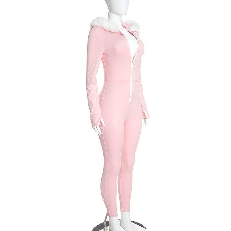 Women's Long-Sleeve Hooded Zip-Up Fitted Jumpsuit
