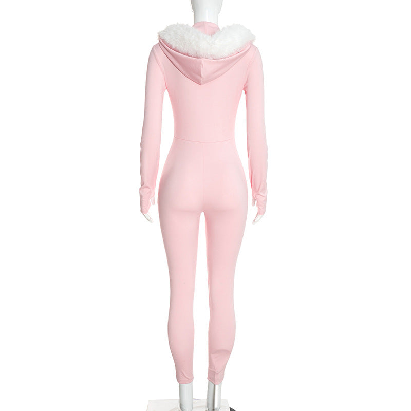 Women's Long-Sleeve Hooded Zip-Up Fitted Jumpsuit