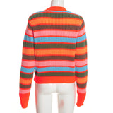 Women's Long-Sleeve Striped Ribbed Knit Crew Neck Cropped Sweater