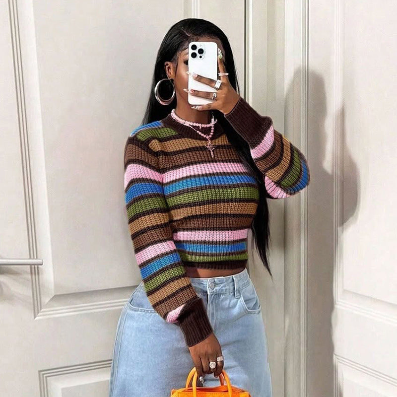 Women's Long-Sleeve Striped Ribbed Knit Crew Neck Cropped Sweater