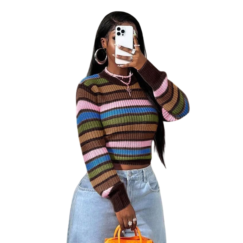 Women's Long-Sleeve Striped Ribbed Knit Crew Neck Cropped Sweater