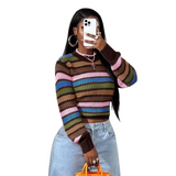 Women's Long-Sleeve Striped Ribbed Knit Crew Neck Cropped Sweater