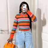 Women's Long-Sleeve Striped Ribbed Knit Crew Neck Cropped Sweater