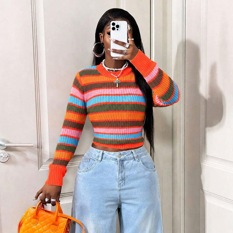 Women's Long-Sleeve Striped Ribbed Knit Crew Neck Cropped Sweater