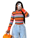 Women's Long-Sleeve Striped Ribbed Knit Crew Neck Cropped Sweater