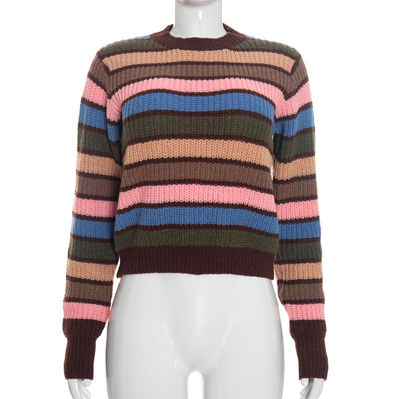 Women's Long-Sleeve Striped Ribbed Knit Crew Neck Cropped Sweater