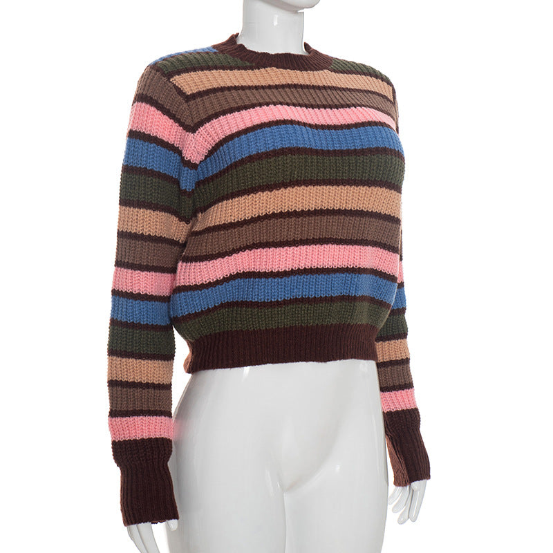 Women's Long-Sleeve Striped Ribbed Knit Crew Neck Cropped Sweater
