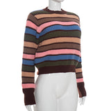 Women's Long-Sleeve Striped Ribbed Knit Crew Neck Cropped Sweater