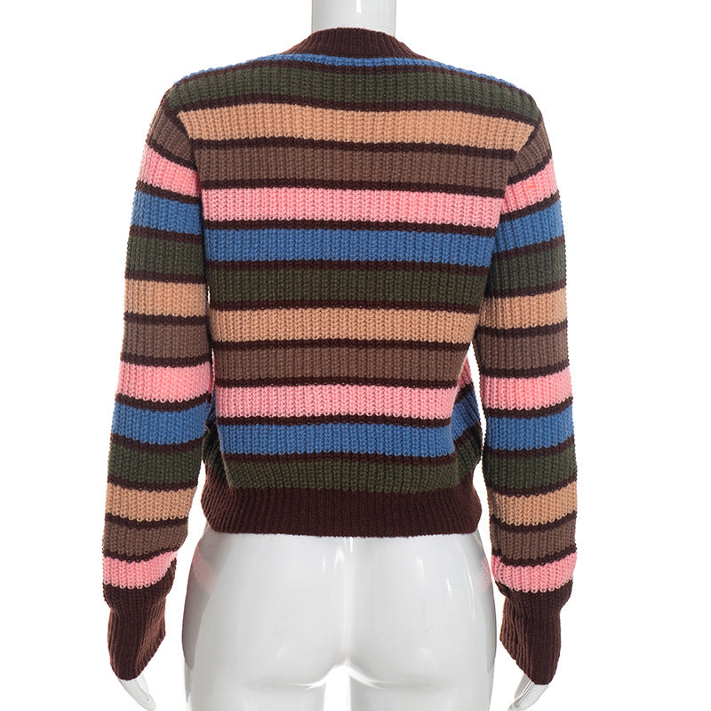 Women's Long-Sleeve Striped Ribbed Knit Crew Neck Cropped Sweater