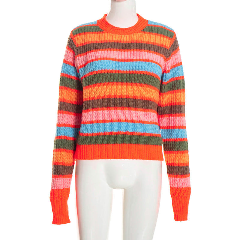 Women's Long-Sleeve Striped Ribbed Knit Crew Neck Cropped Sweater