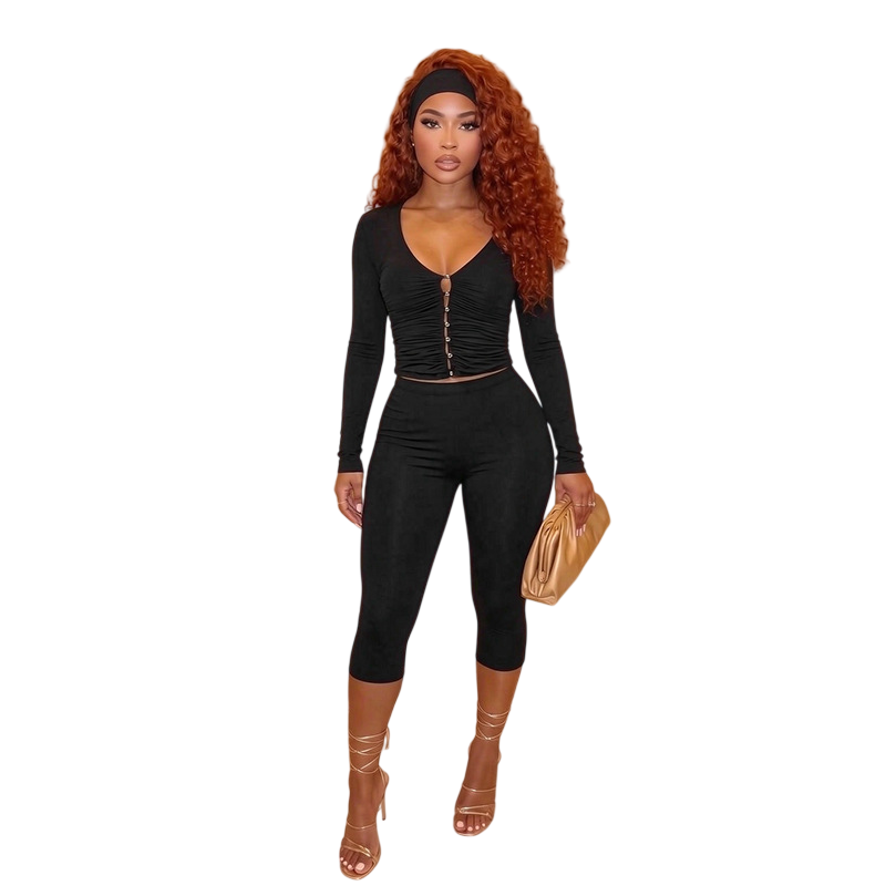 Women's Long-Sleeve Ruched Crop Top and High-Waisted Capri Pants Two-Piece Set