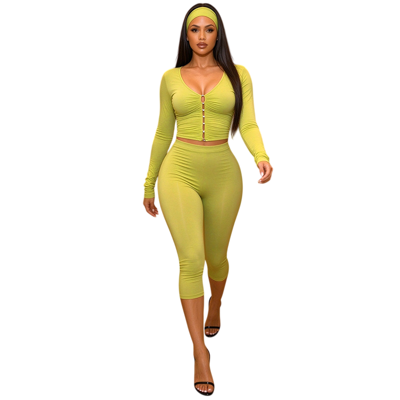 Women's Long-Sleeve Ruched Crop Top and High-Waisted Capri Pants Two-Piece Set