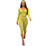 Women's Long-Sleeve Ruched Crop Top and High-Waisted Capri Pants Two-Piece Set