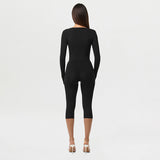 Women's Long-Sleeve Ruched Crop Top and High-Waisted Capri Pants Two-Piece Set