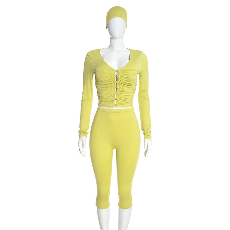 Women's Long-Sleeve Ruched Crop Top and High-Waisted Capri Pants Two-Piece Set