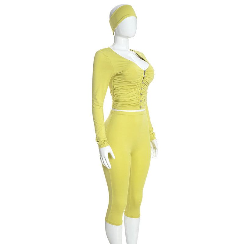 Women's Long-Sleeve Ruched Crop Top and High-Waisted Capri Pants Two-Piece Set