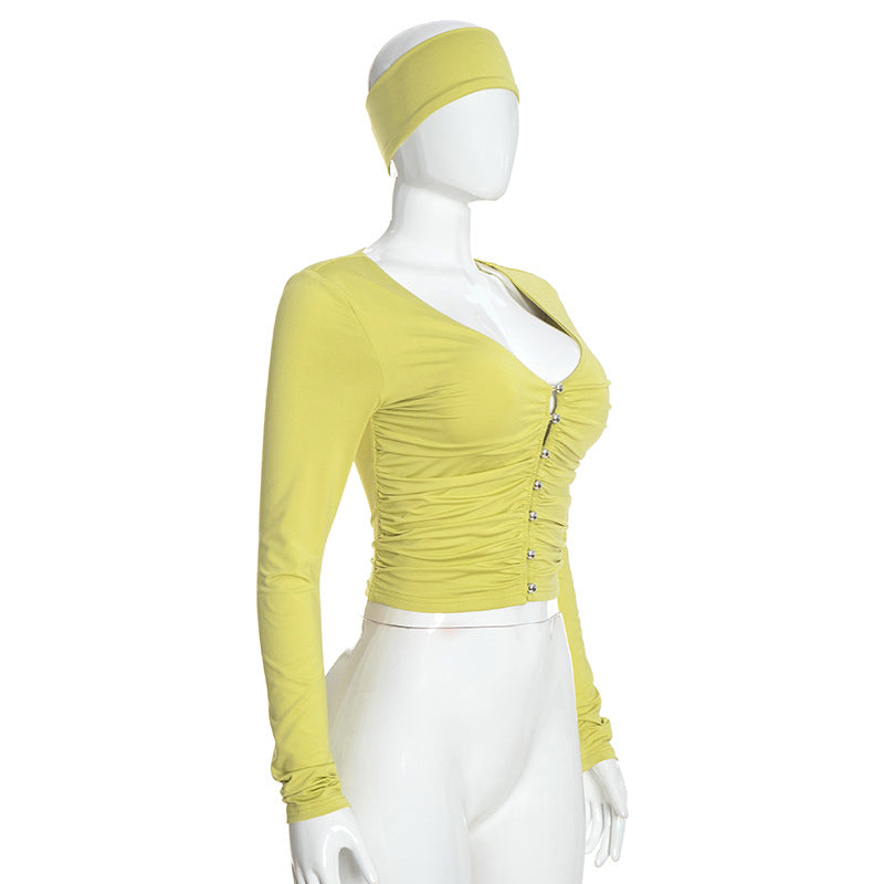 Women's Long-Sleeve Ruched Crop Top and High-Waisted Capri Pants Two-Piece Set
