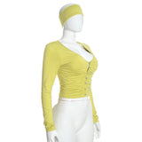 Women's Long-Sleeve Ruched Crop Top and High-Waisted Capri Pants Two-Piece Set