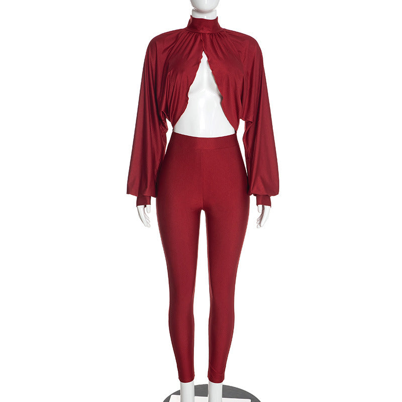 Women's Long-Sleeve Open-Front Crop Top and High-Waisted Leggings Two-Piece Set