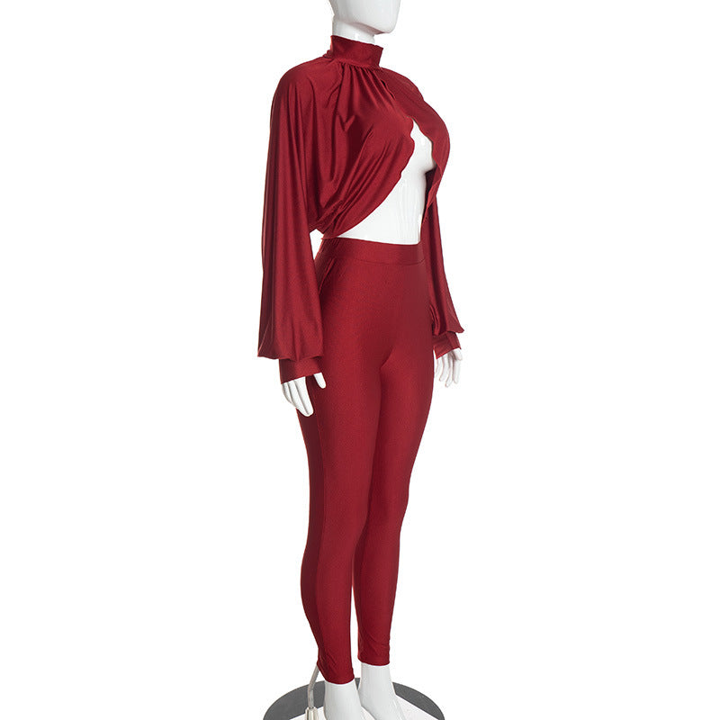 Women's Long-Sleeve Open-Front Crop Top and High-Waisted Leggings Two-Piece Set