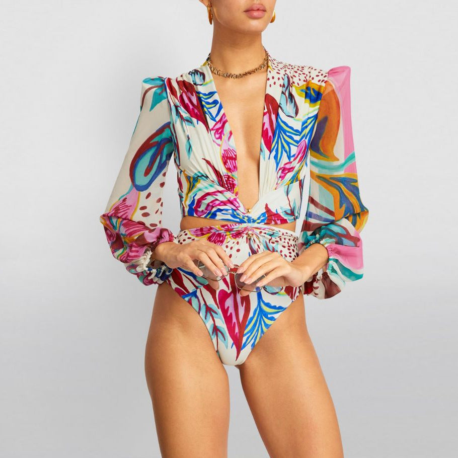 Abstract Print Long-Sleeve Swimsuit