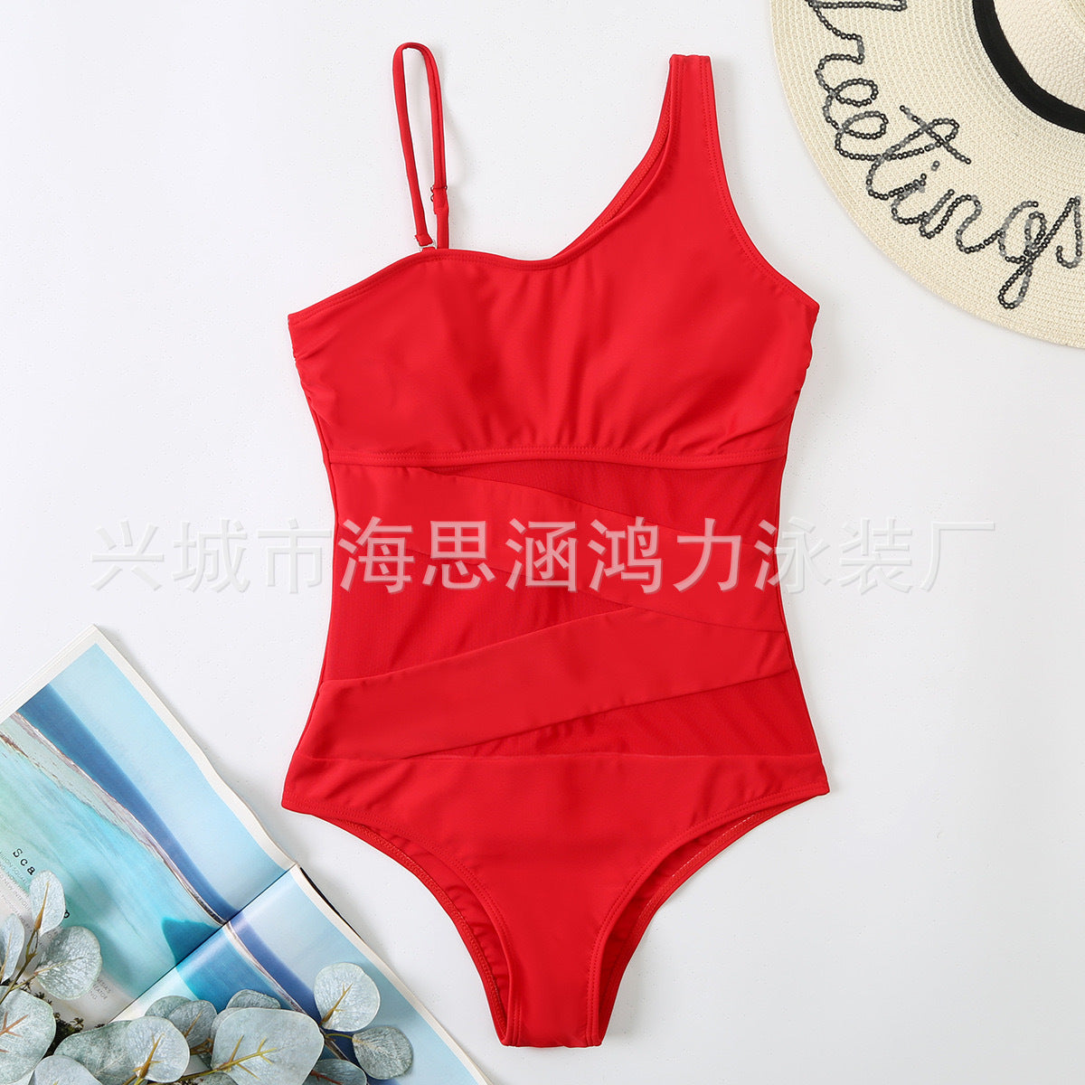 Vibrant Red One-Piece Swimsuit with Mesh Details