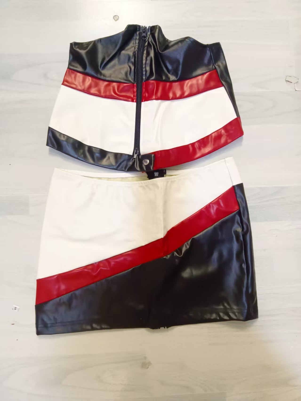 Block Faux Leather Cropped Top and Skirt Set