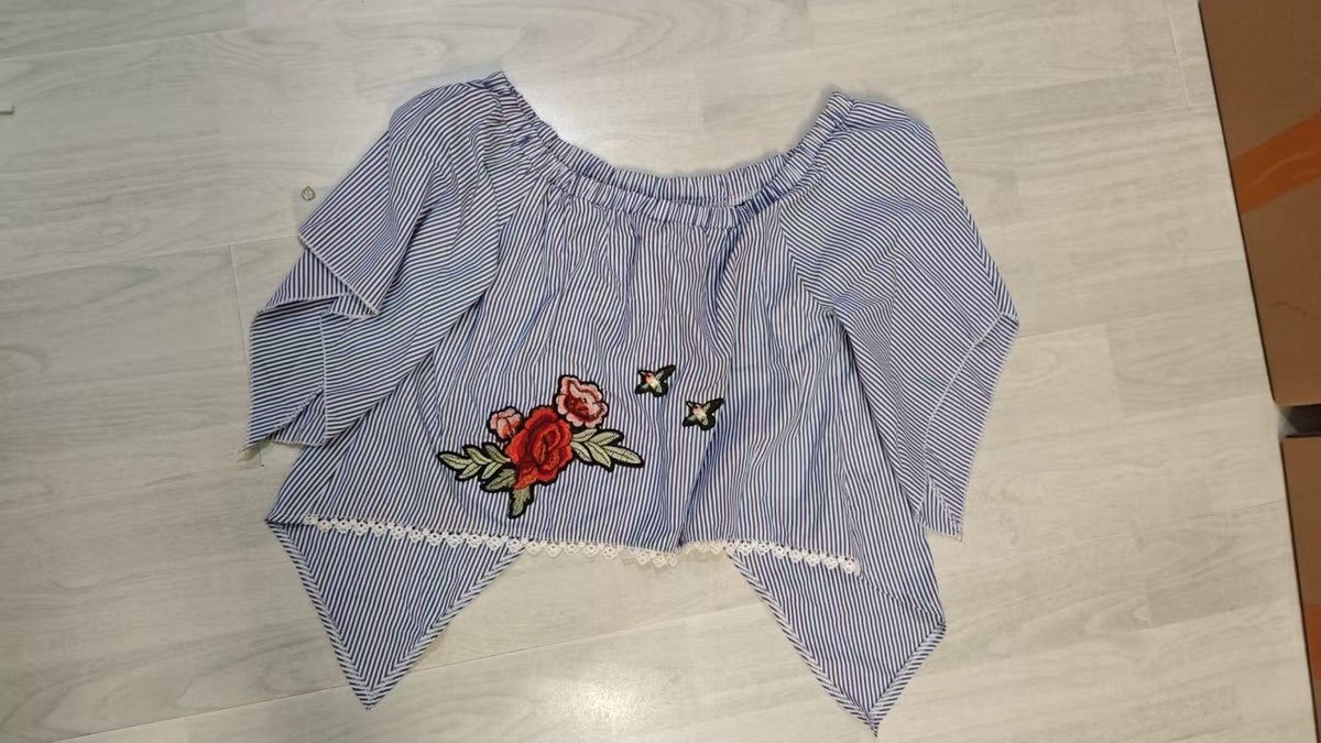 Women’s Striped Floral Embroidered Cotton Top