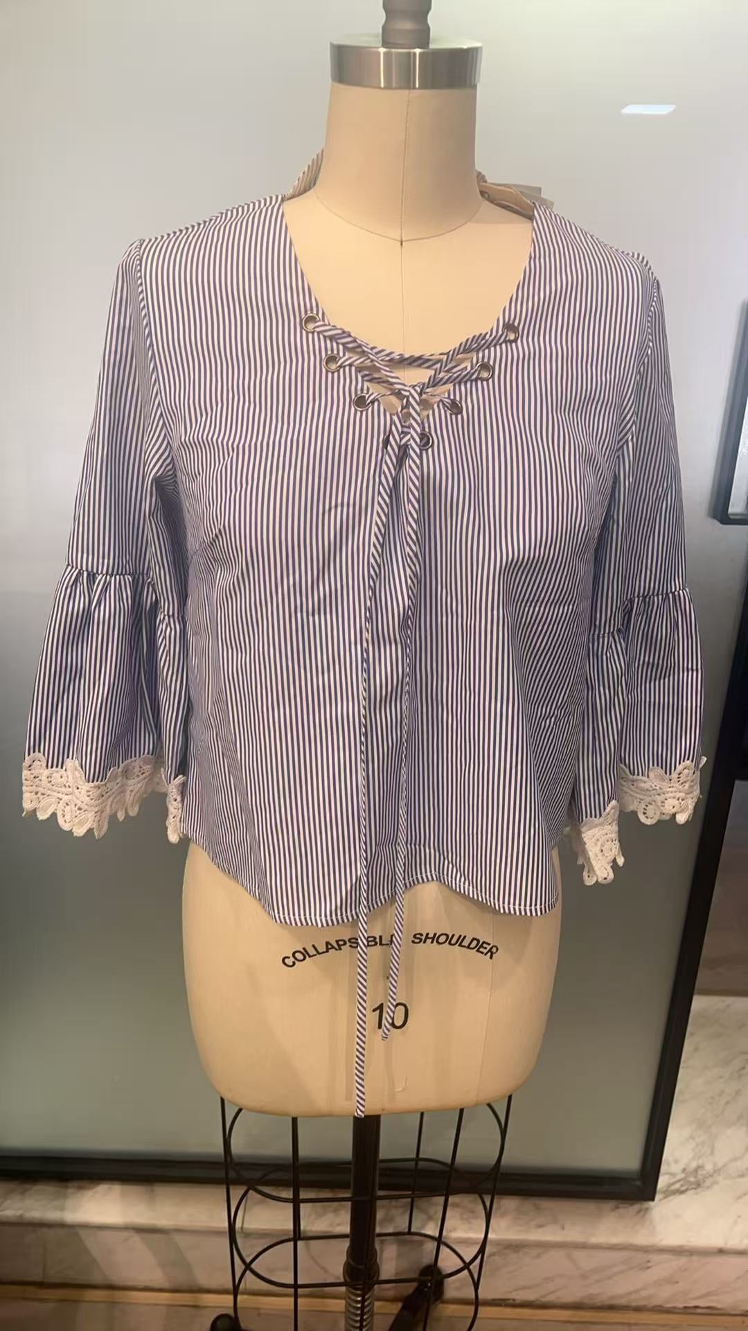 Women's Striped Lace Trim Tie-Up Blouse