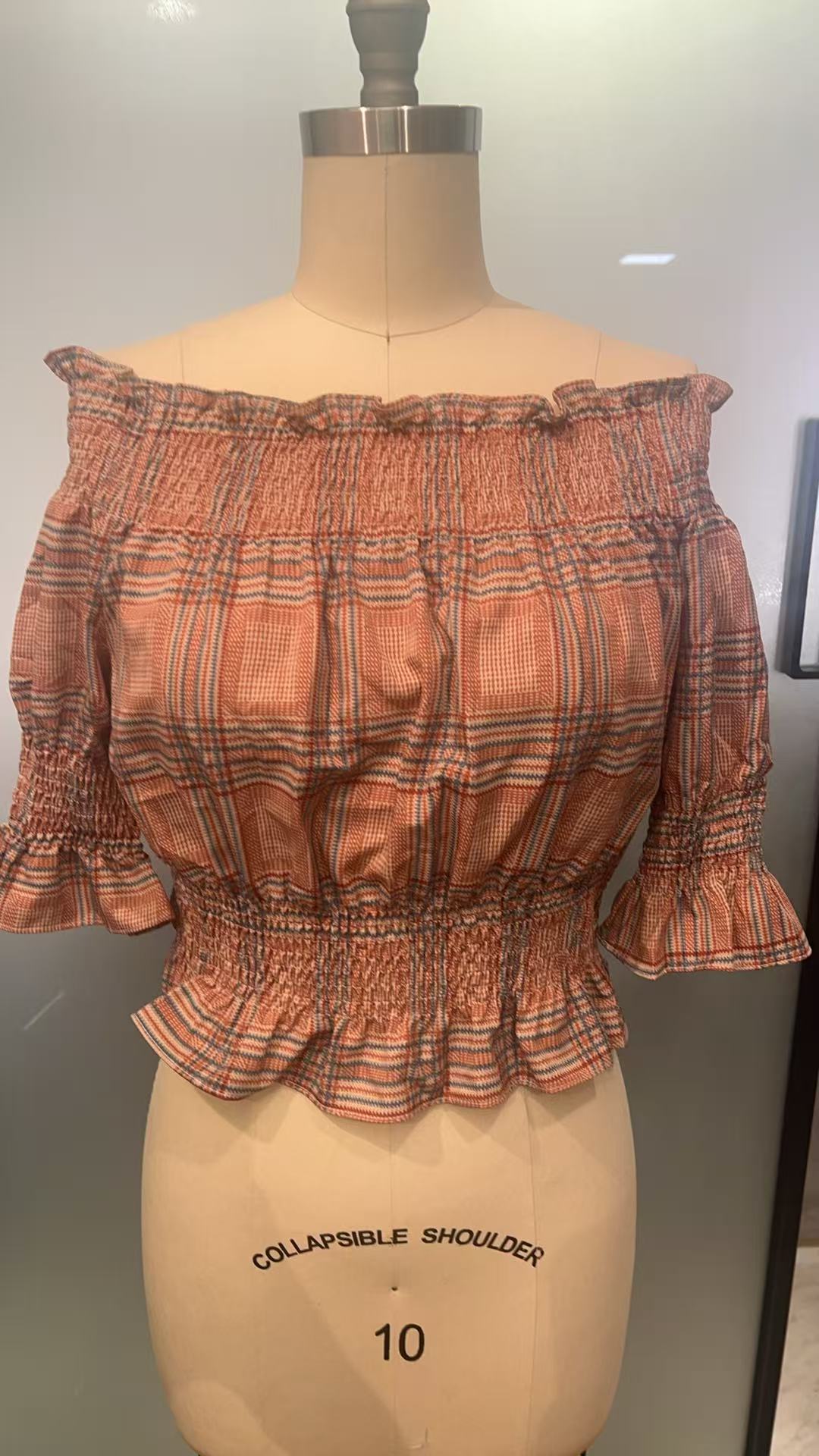 Women's Off-Shoulder Smocked Plaid Peplum Top