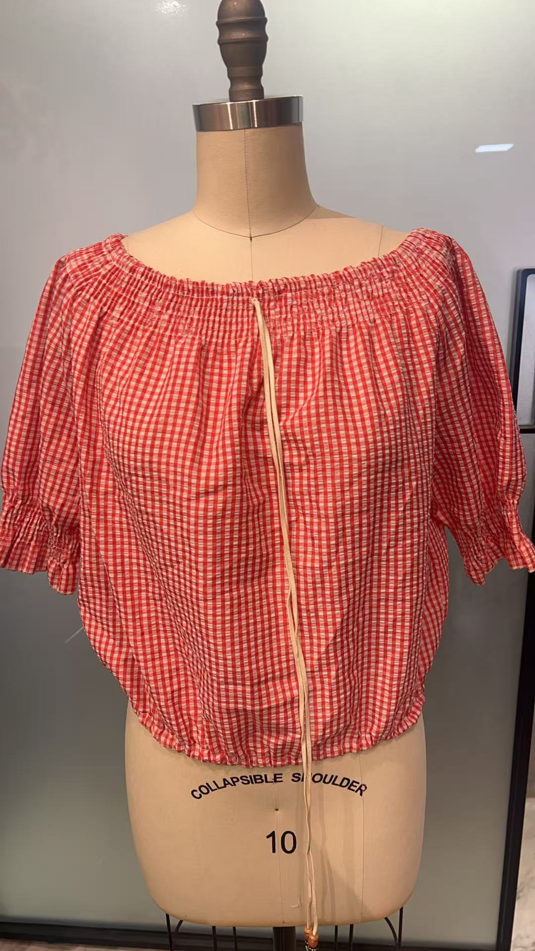 Women's Gingham Off-Shoulder Puff Sleeve Blouse
