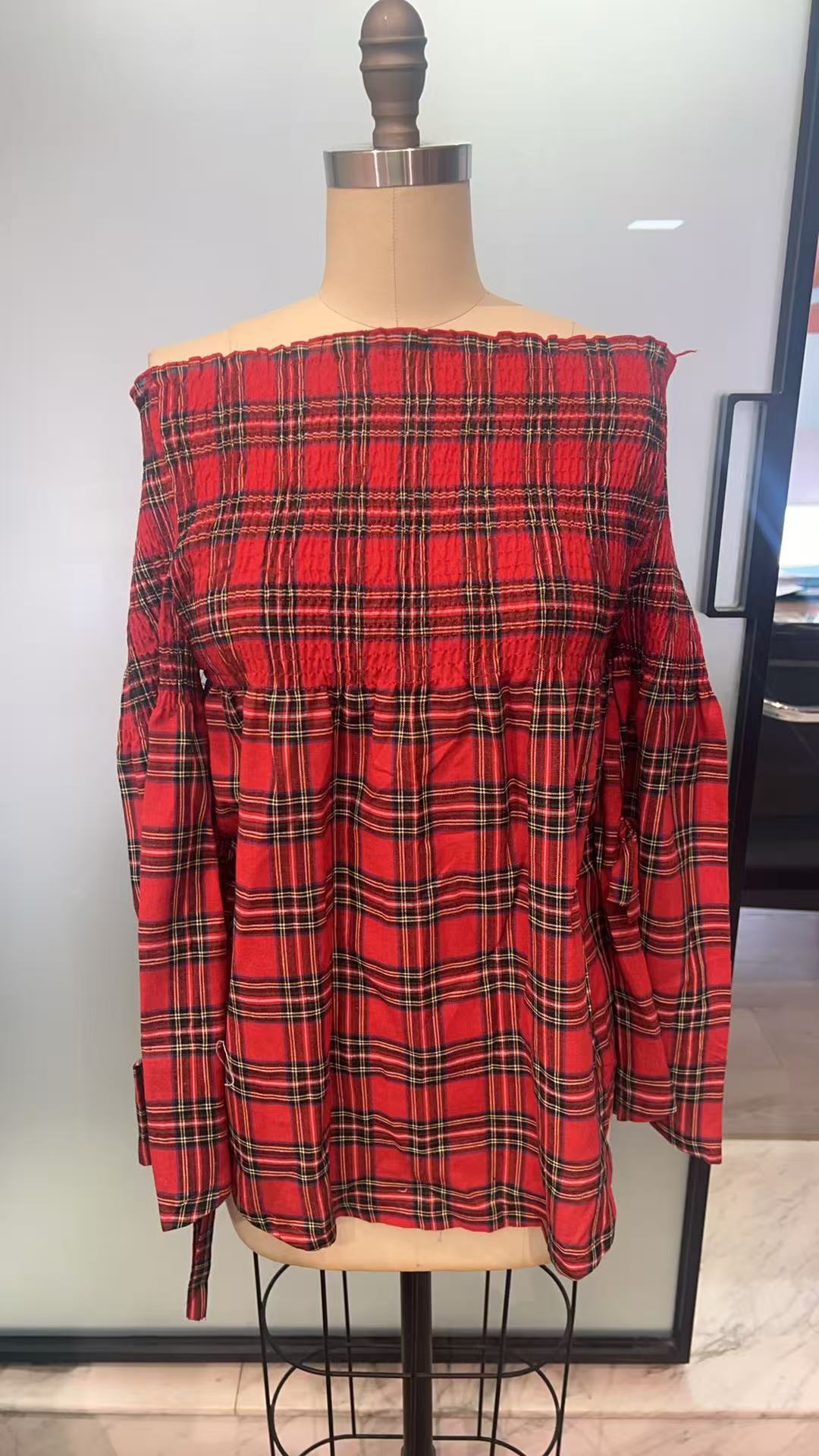 Women's Plaid Off-Shoulder Smocked Long Sleeve Blouse