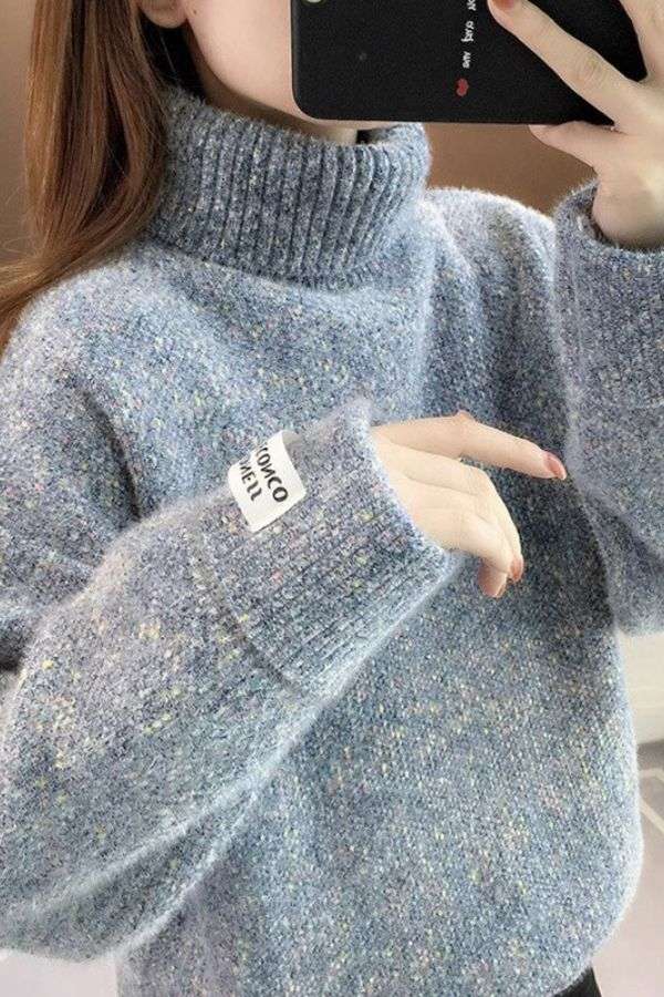 Mock-Neck Knitting Sweater Pullover - S, Lake Blue image