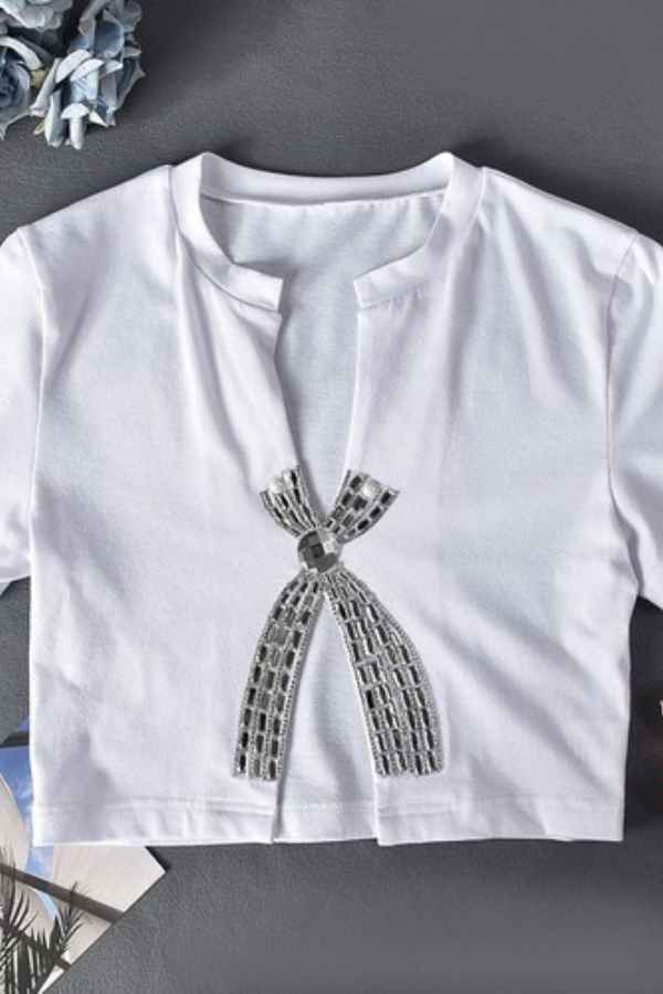 Split Cut Front Rhinestone Decor Short Sleeve Crop Top image 6