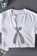 Split Cut Front Rhinestone Decor Short Sleeve Crop Top image 6