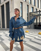 Fashion Loose Vintage Ragged Denim Dress - L, Blue image