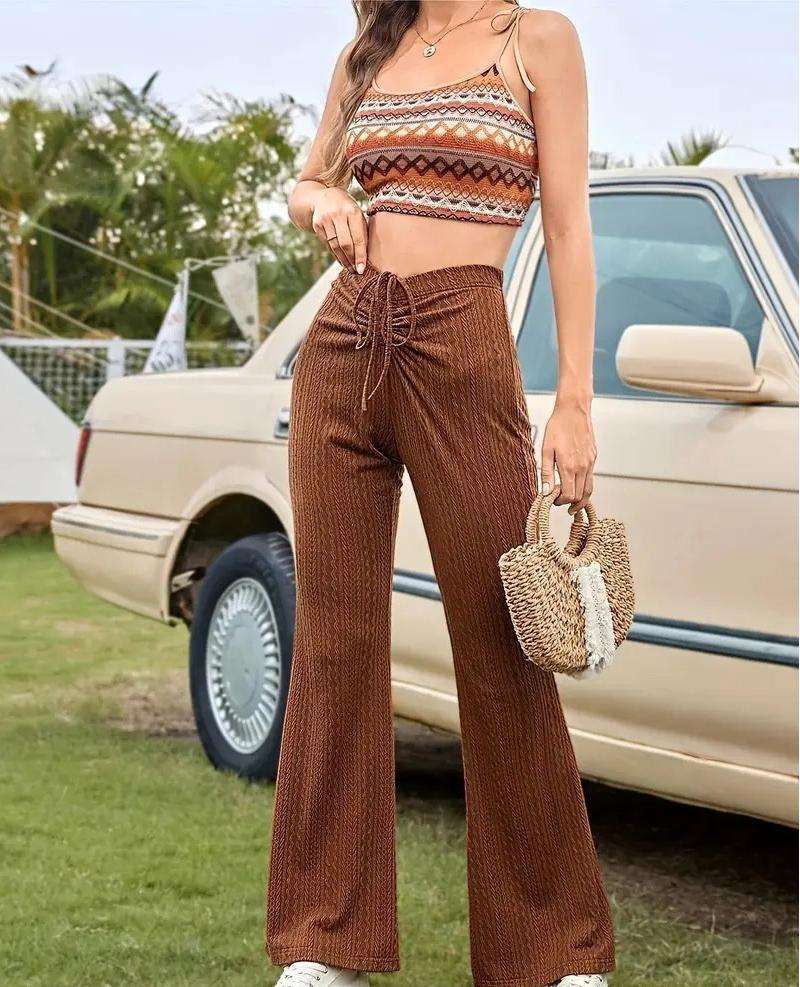 High-Waisted Brown Ribbed Flare Pants image 0