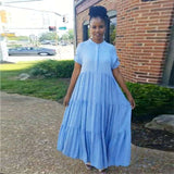 Tiered Maxi Dress with Short Sleeves - L, Blue image